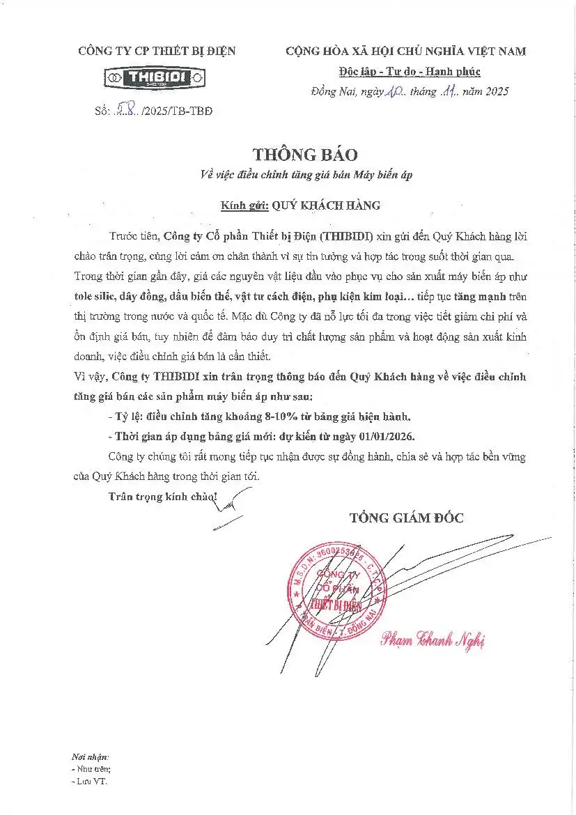 THÔNG BÁO: Về việc điều chỉnh tăng giá bán Máy biến áp THIBIDI TB so 58 Thong bao ve viec dieu chinh tang gia MBA