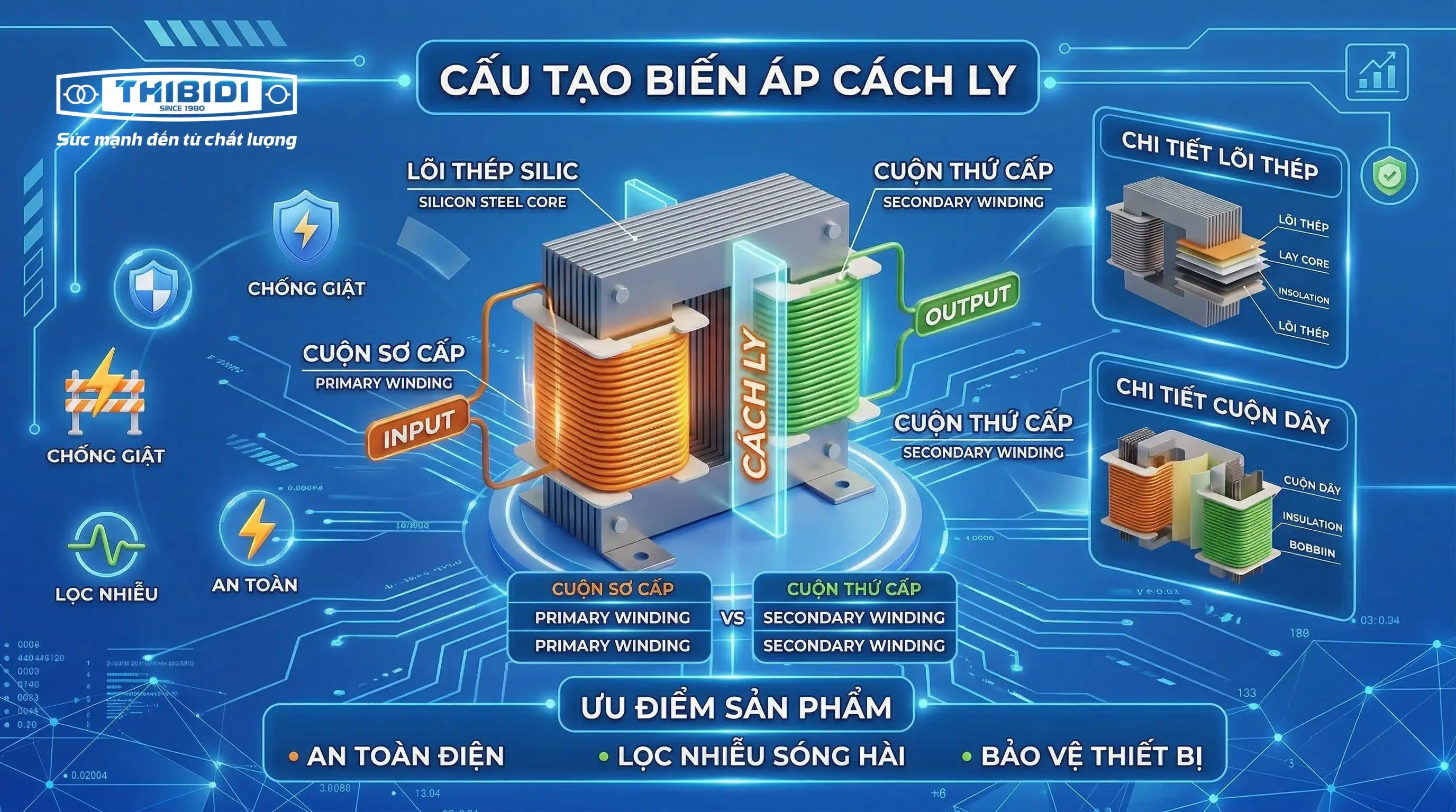 Biến Áp Cách Ly Là Gì? Sự Khác Biệt Giữa Biến Áp Cách Ly Và Máy Biến Áp Phân Phối THIBIDI cấu tạo biến áp cách ly