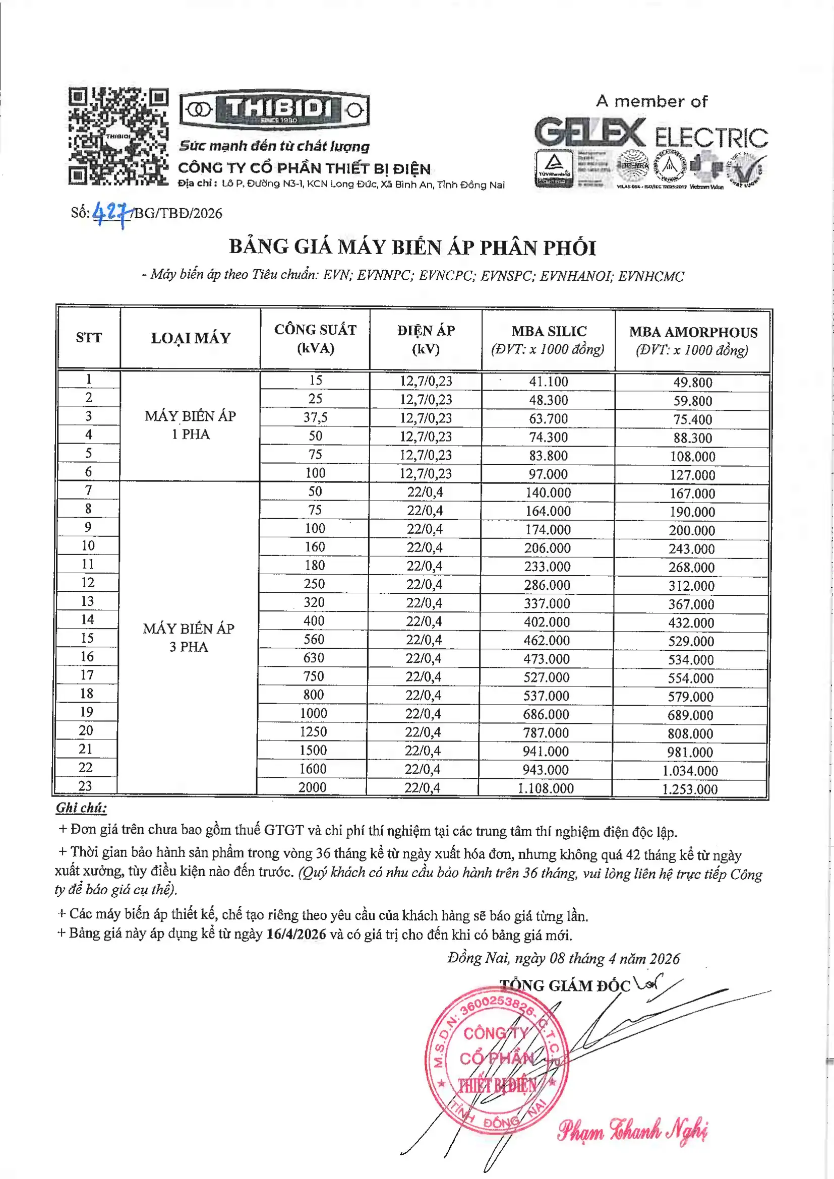 Bảng giá máy biến áp THIBIDI 12.7-0.23 + 22-0.4 - 16.04.2026 conv 1