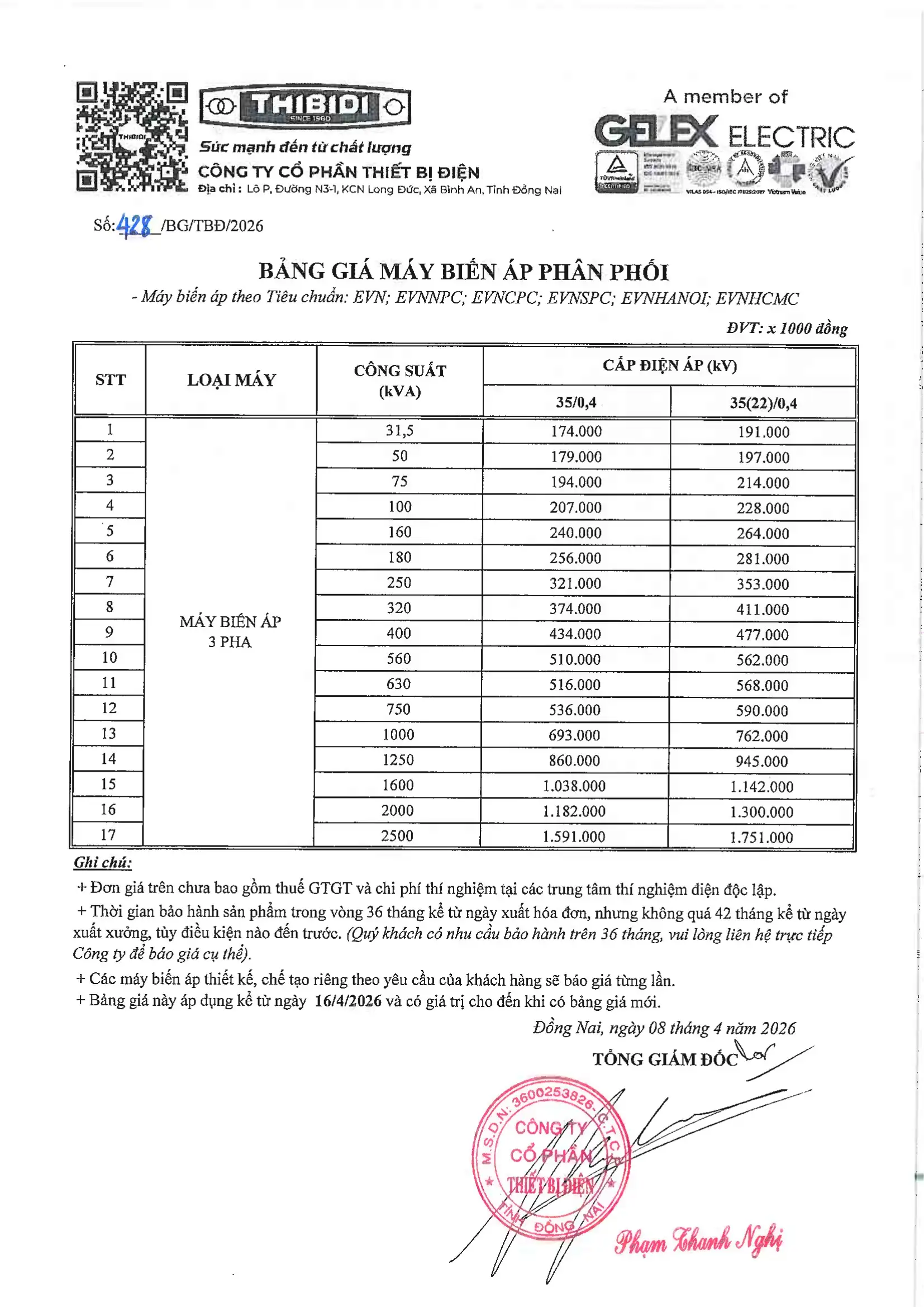 Bảng giá máy biến áp THIBIDI 35-0.4 + 35(22)-0.4 - 16.04.2026 conv 1