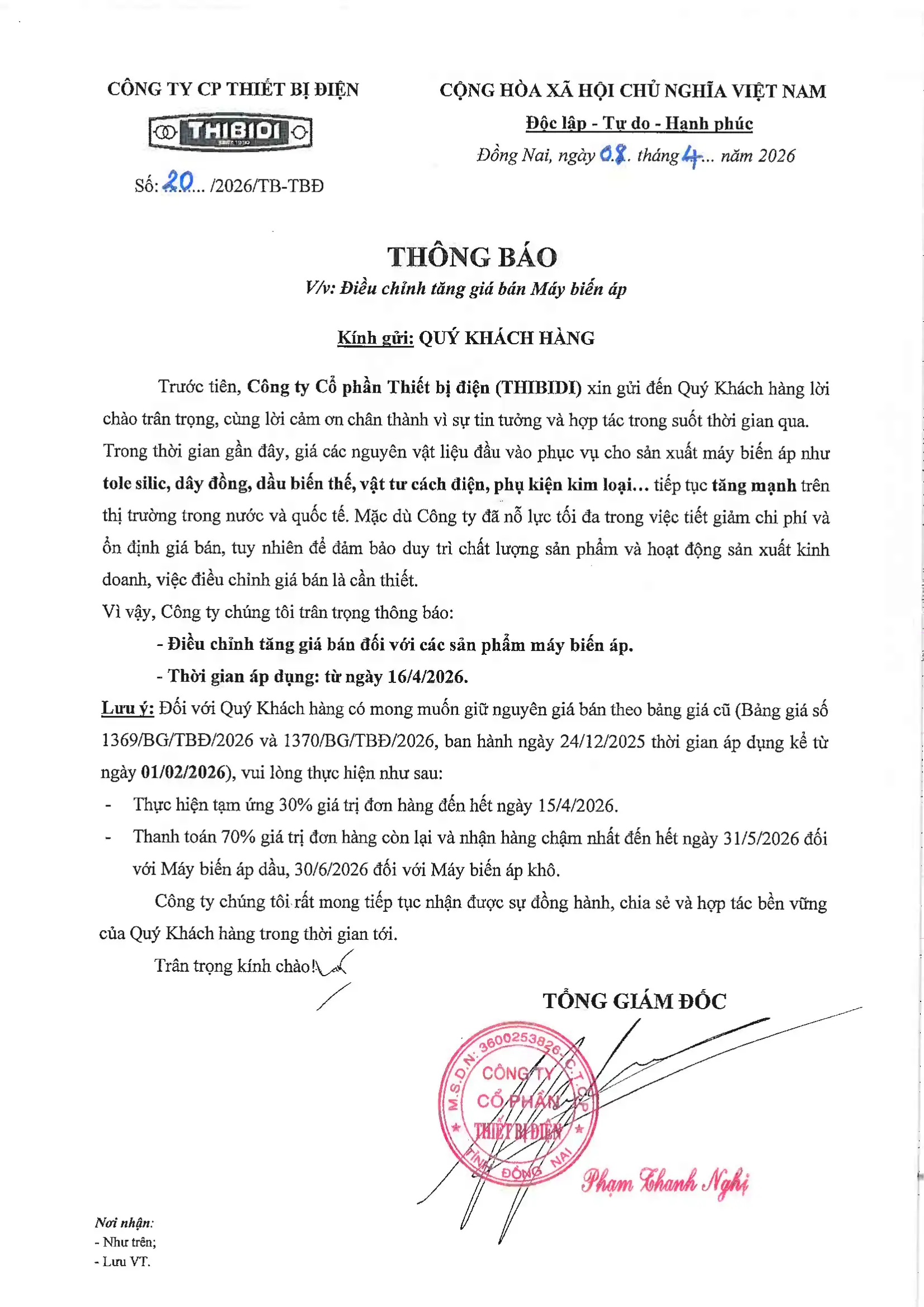 THIBIDI thông báo điều chỉnh giá Máy biến áp THIBIDI từ ngày 16.04.2026